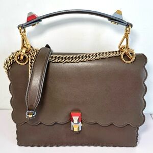 Fendi Kan I Grey Etoupe Calfskin Leather Scallop Trim Bag W Gold Chain Strap